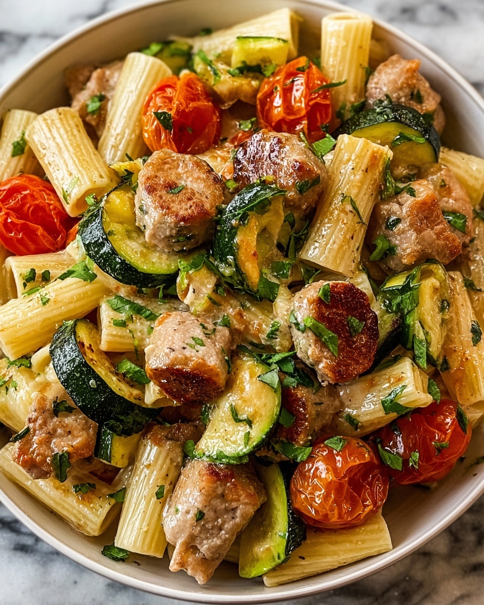 Chicken Sausages with Zucchini, Tomatoes, and Pasta Recipe - Recipe Image