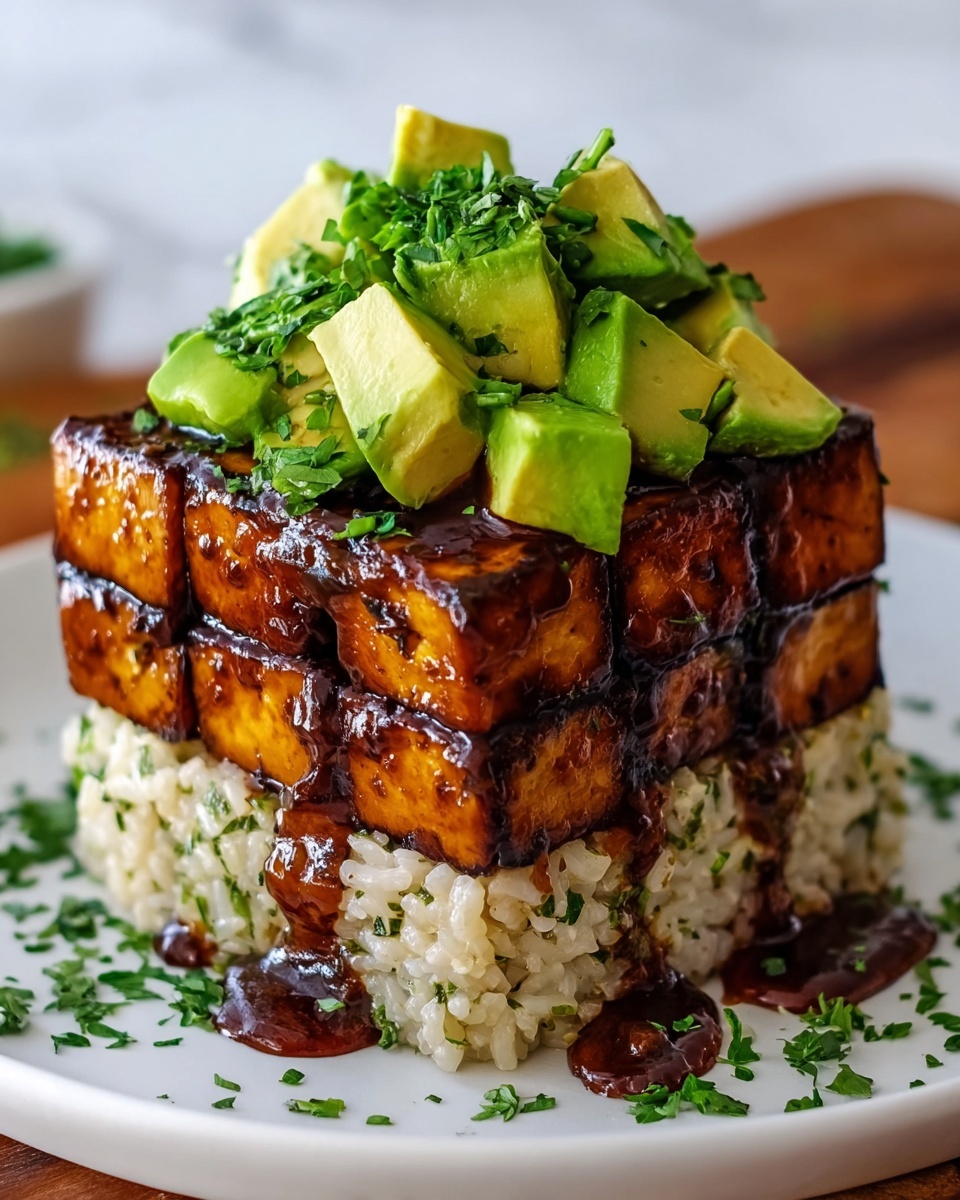 Crispy Teriyaki Tofu and Avocado Rice Stack Recipe - Recipe Image