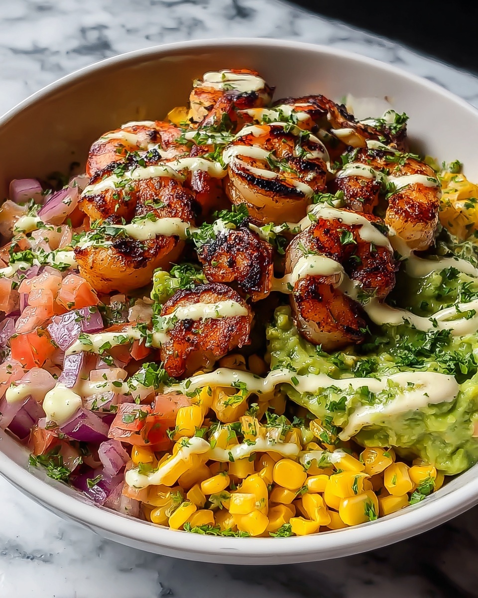 Grilled Shrimp Bowl with Avocado Corn Salsa and Creamy Garlic Sauce Recipe - Recipe Image
