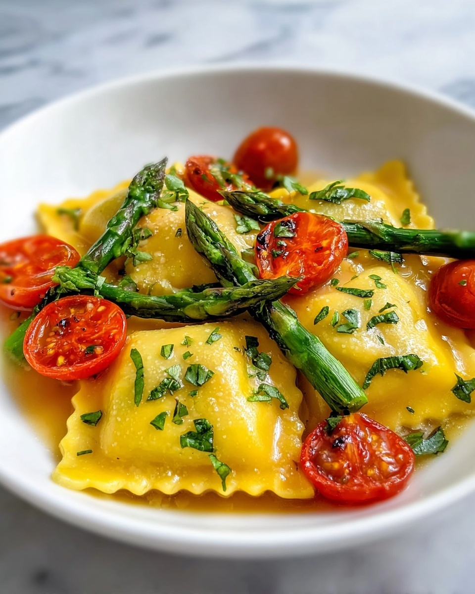 Ravioli with Asparagus and Cherry Tomatoes in Lemon Herb Sauce Recipe - Recipe Image