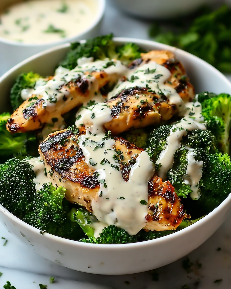 Grilled Chicken Broccoli Bowls with Creamy Garlic Sauce Recipe - Recipe Image