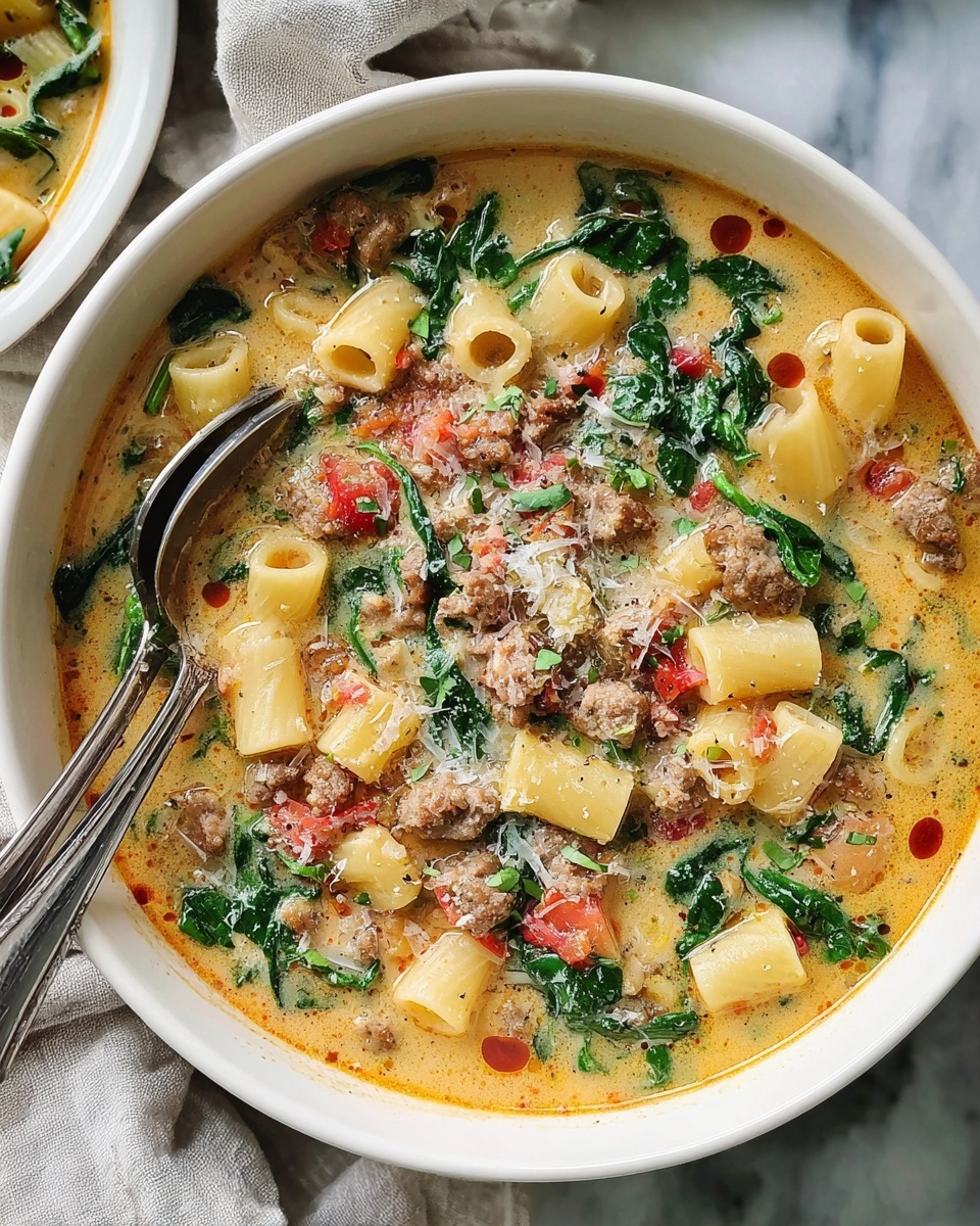 Italian Sausage Soup with Spinach and Pasta Recipe - Recipe Image