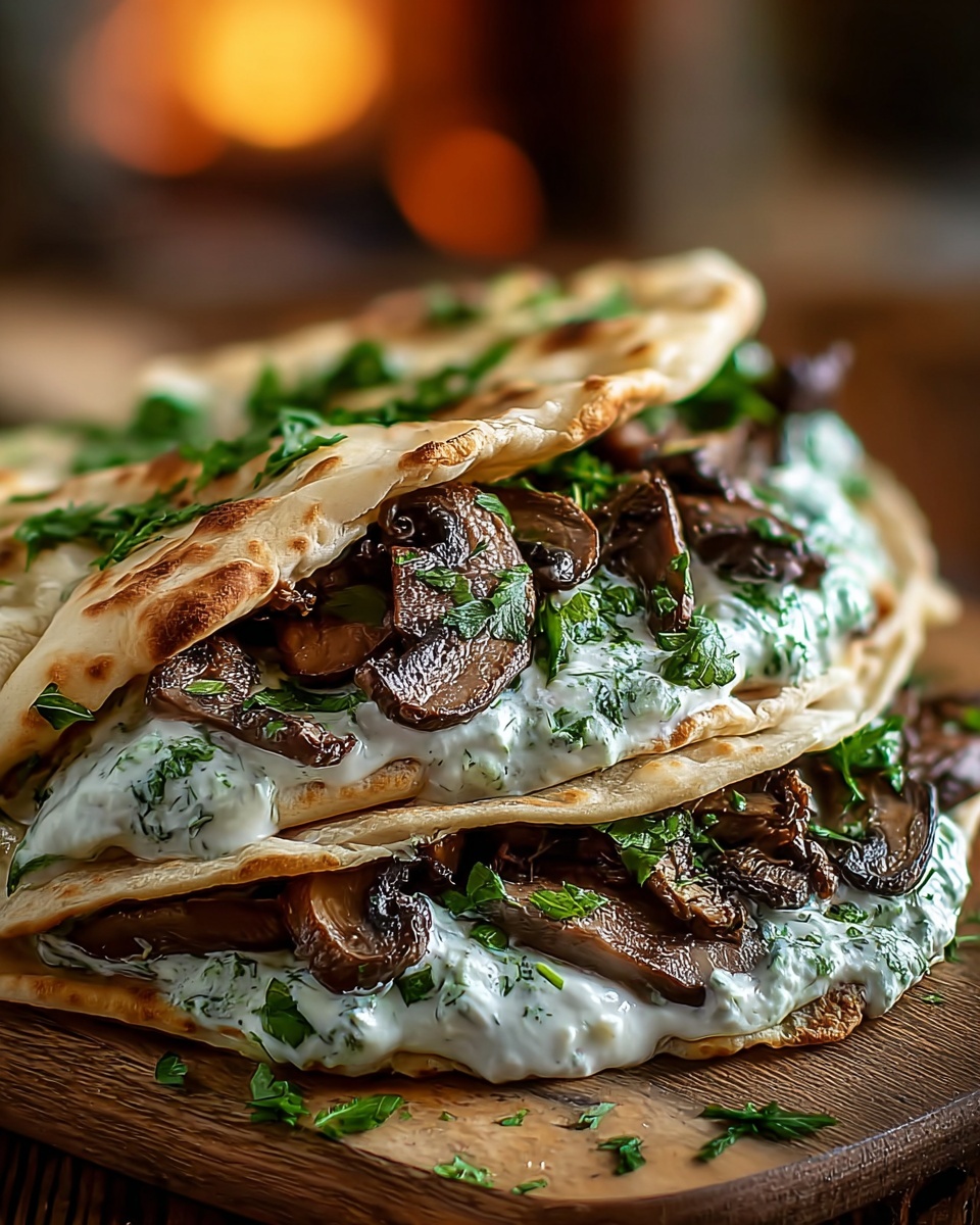 Cheesy Beef and Mushroom Pita Pockets with Tzatziki Sauce Recipe - Recipe Image