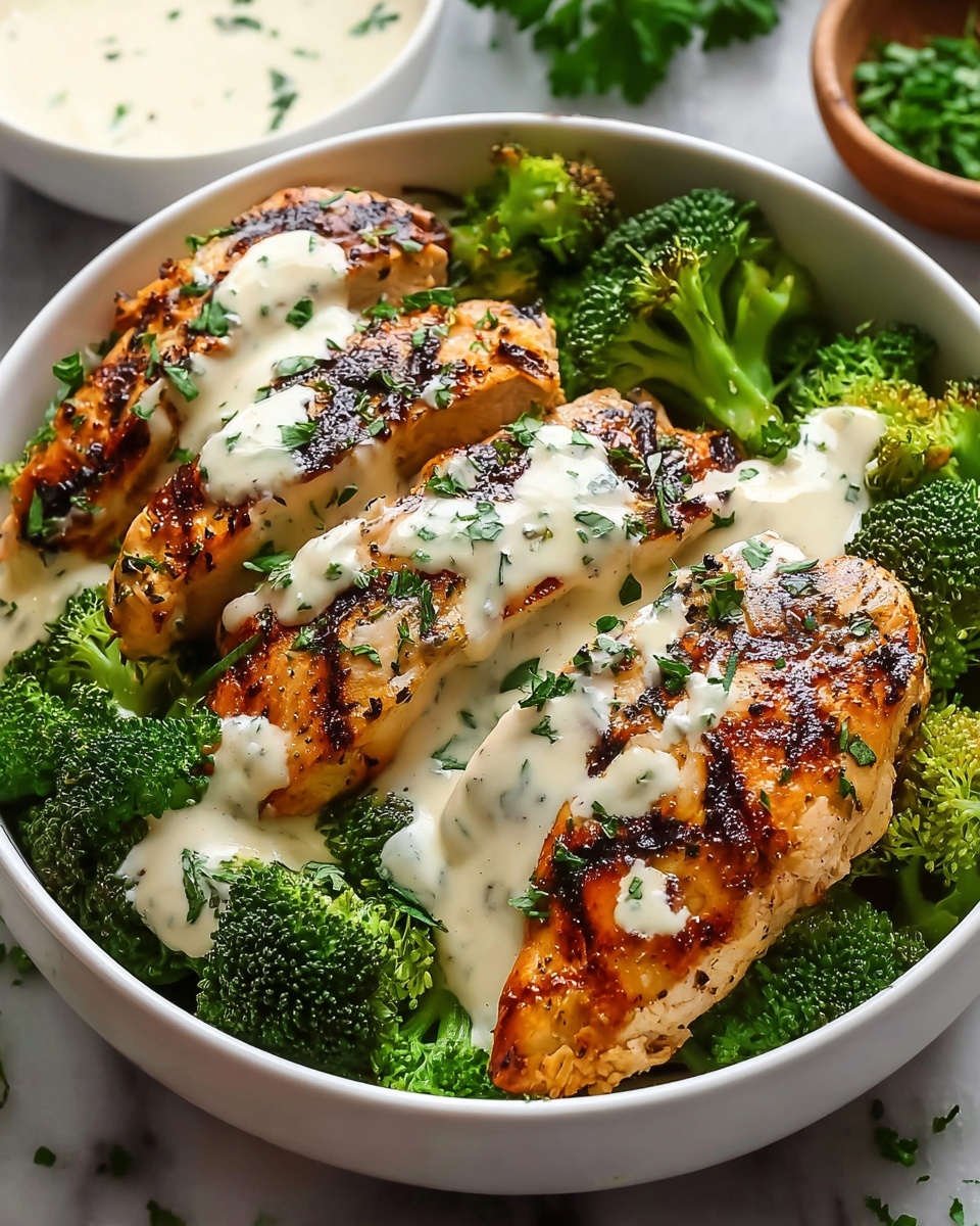 Grilled Chicken Broccoli Bowls with Creamy Garlic Sauce Recipe - Recipe Image