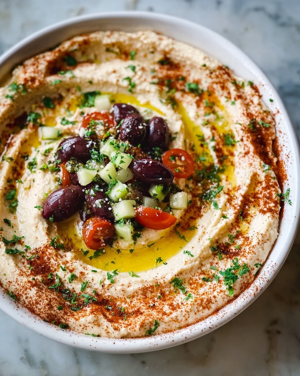 Loaded Hummus Dip with Cherry Tomatoes, Cucumber, Feta, and Olives Recipe - Recipe Image