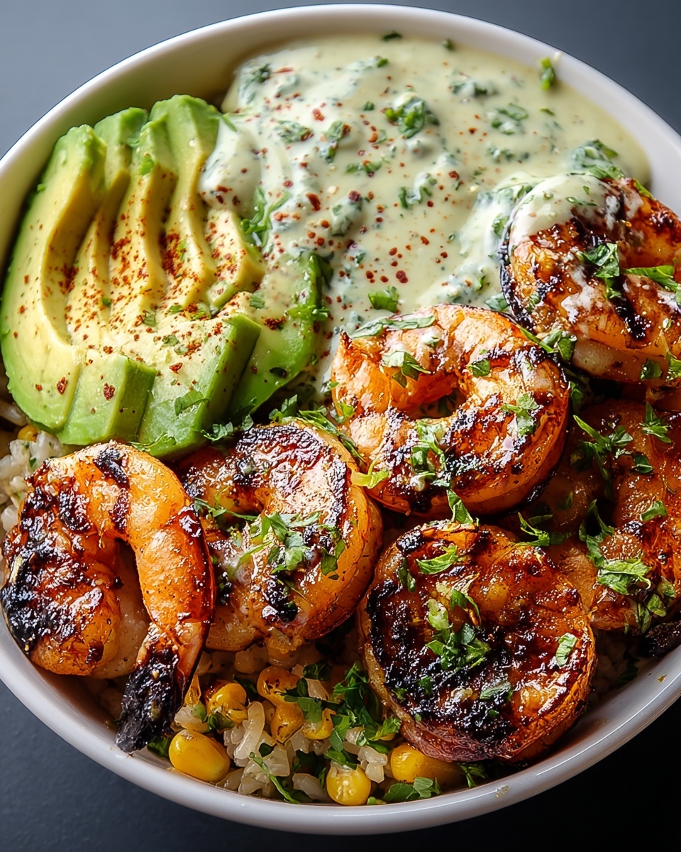 Crave the Grilled Shrimp Bowl with Avocado and Creamy Garlic Sauce Recipe - Recipe Image