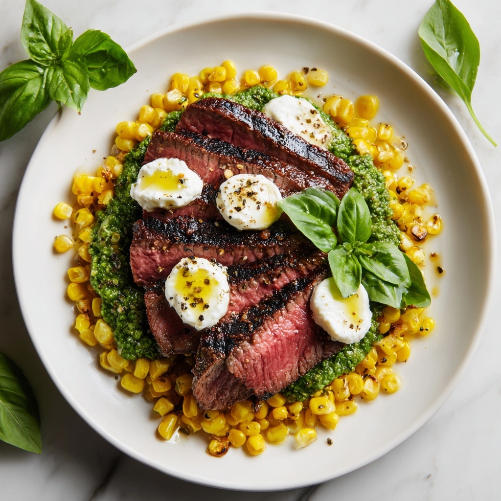 Grilled Flank Steak with Burrata and Arugula Pesto Recipe - Recipe Image