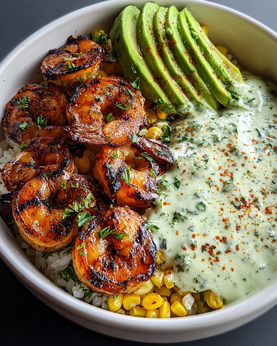 Crave the Grilled Shrimp Bowl with Avocado and Creamy Garlic Sauce Recipe - Recipe Image