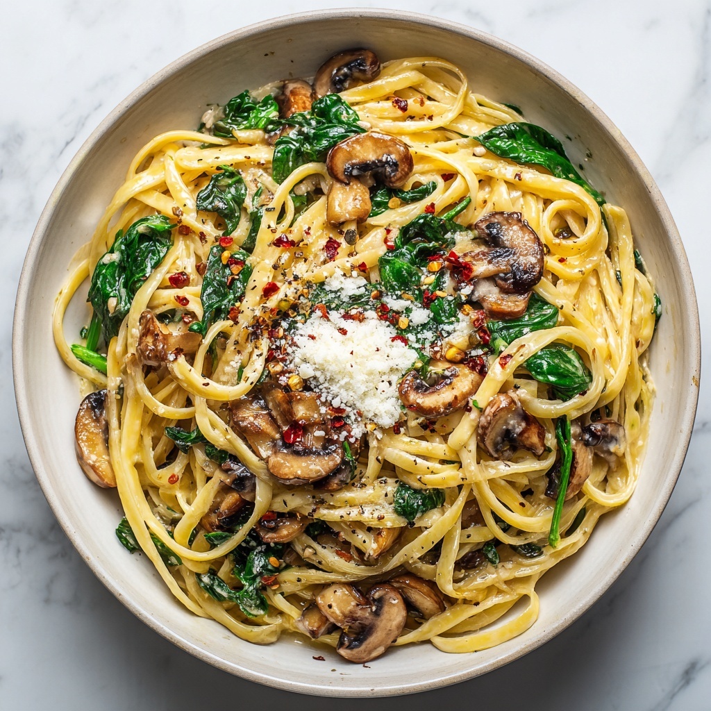 One-Pot Garlic Parmesan Pasta with Spinach and Mushrooms Recipe - Recipe Image
