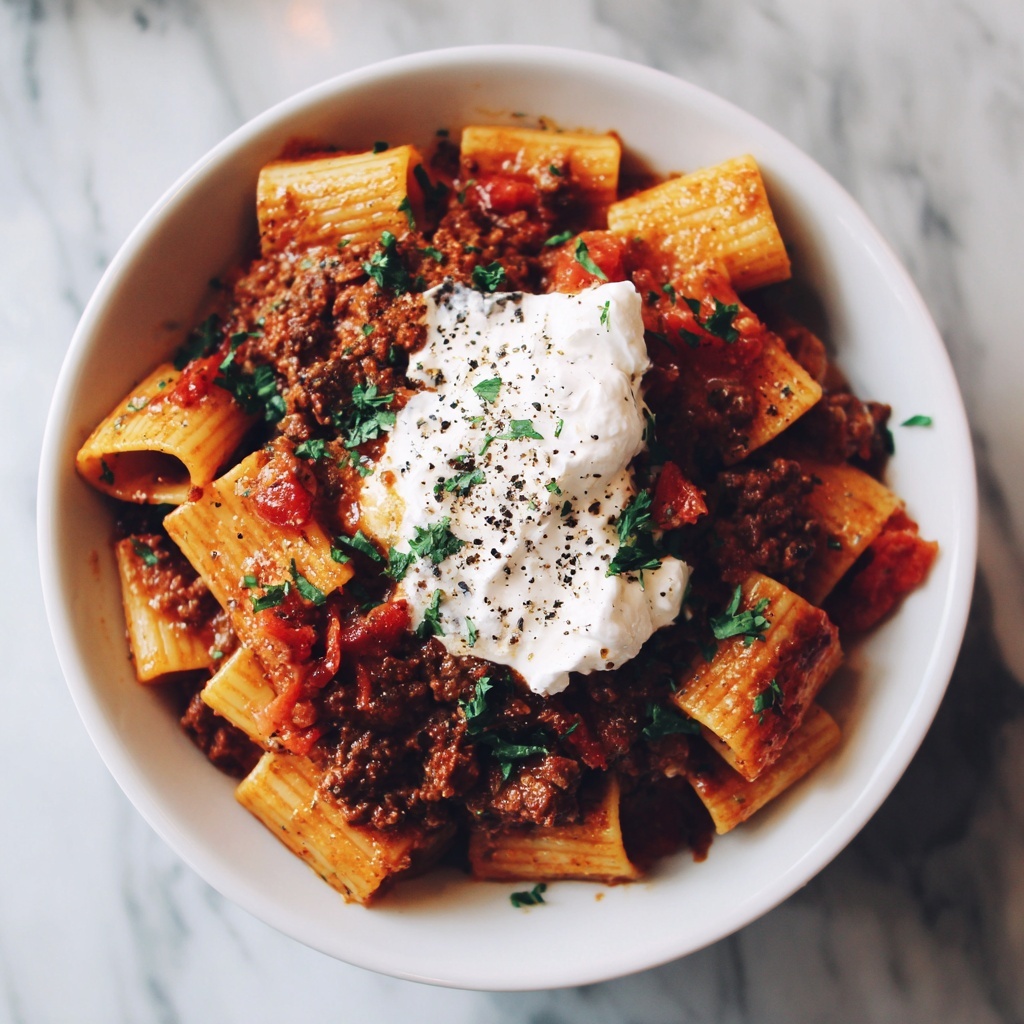 Grandma’s Meat Sauce Pasta with Burrata Recipe - Recipe Image