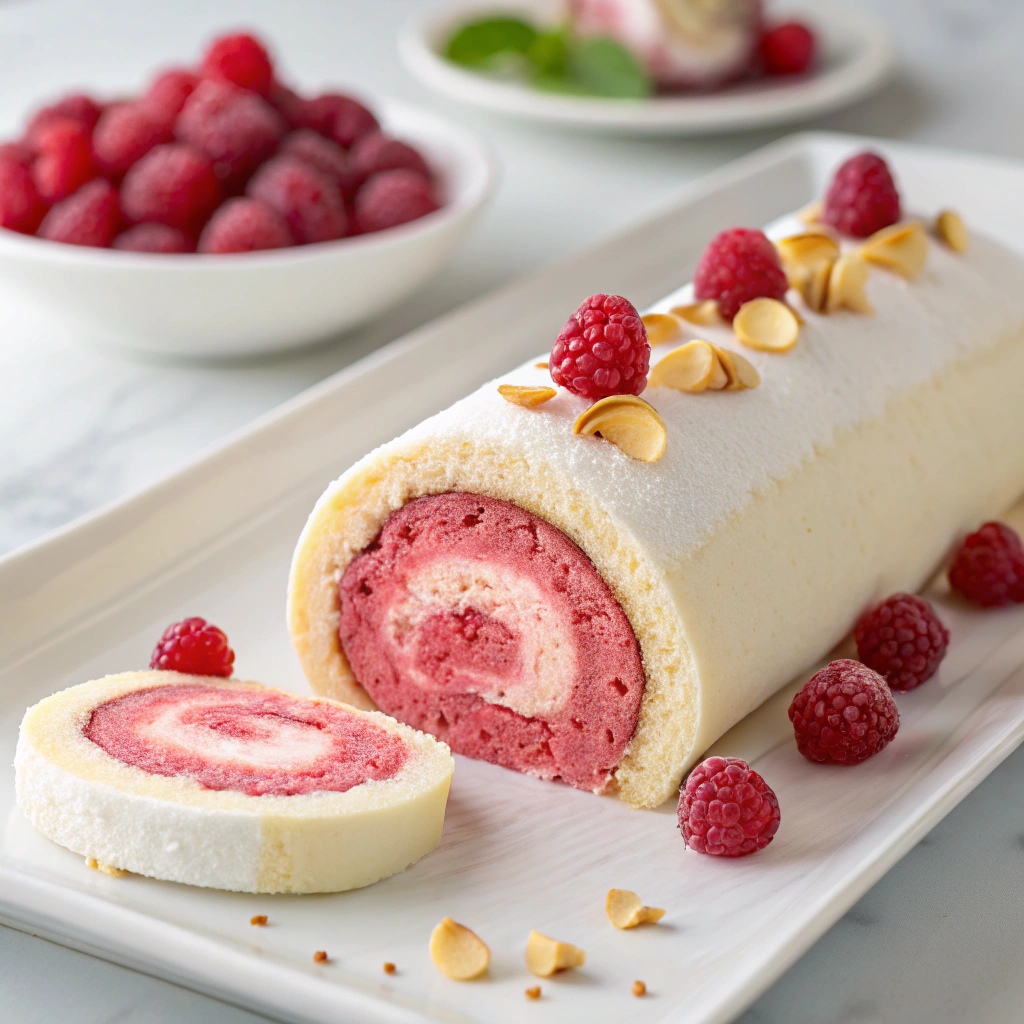 Luxurious Pink Raspberry Cheesecake Roll Cake Recipe - Recipe Image