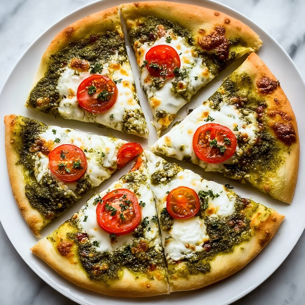 Pesto Pizza with Mozzarella, Cherry Tomatoes, and Fresh Basil Recipe - Recipe Image