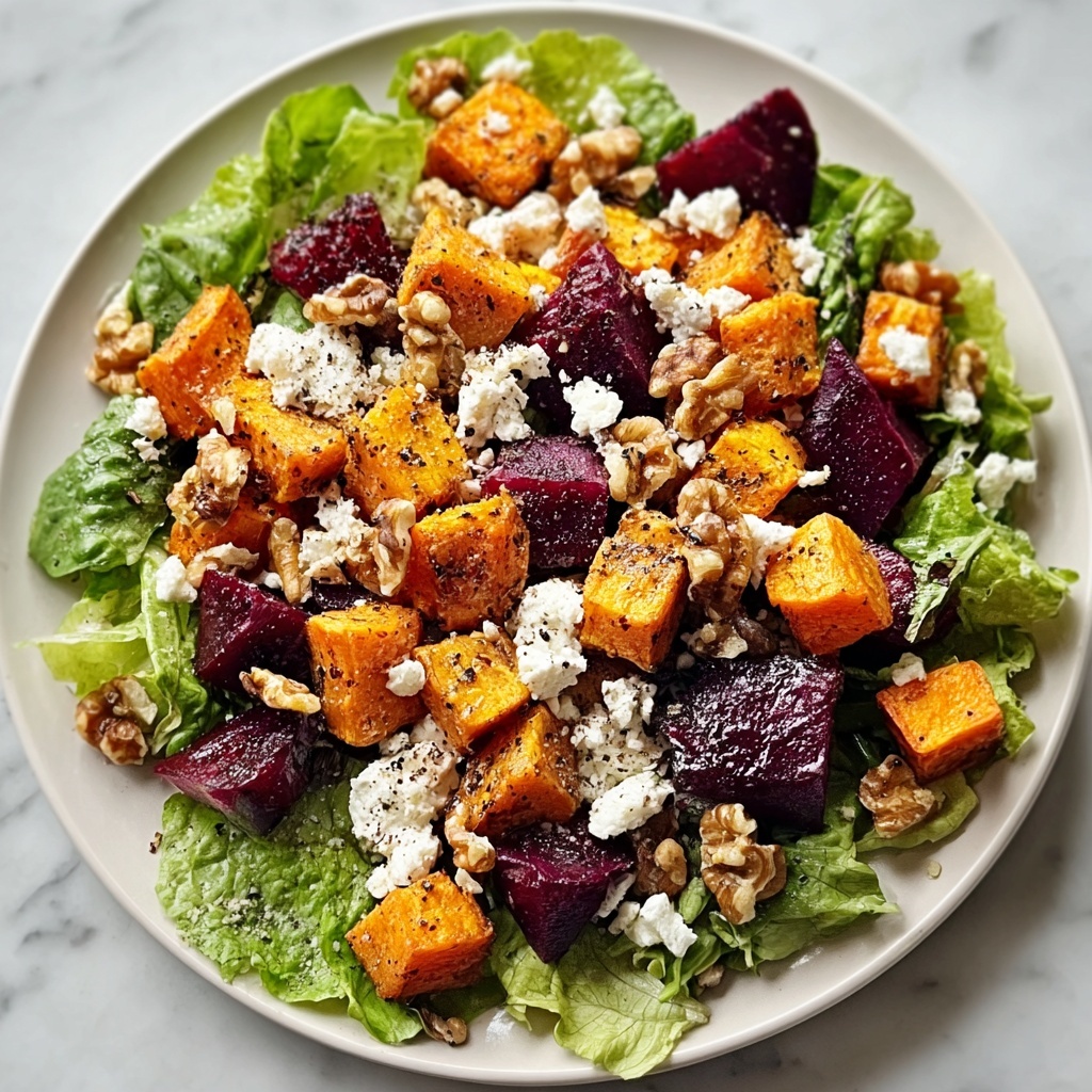 Creamy Roasted Beet and Sweet Potato Salad with Feta and Walnut Dressing Recipe - Recipe Image