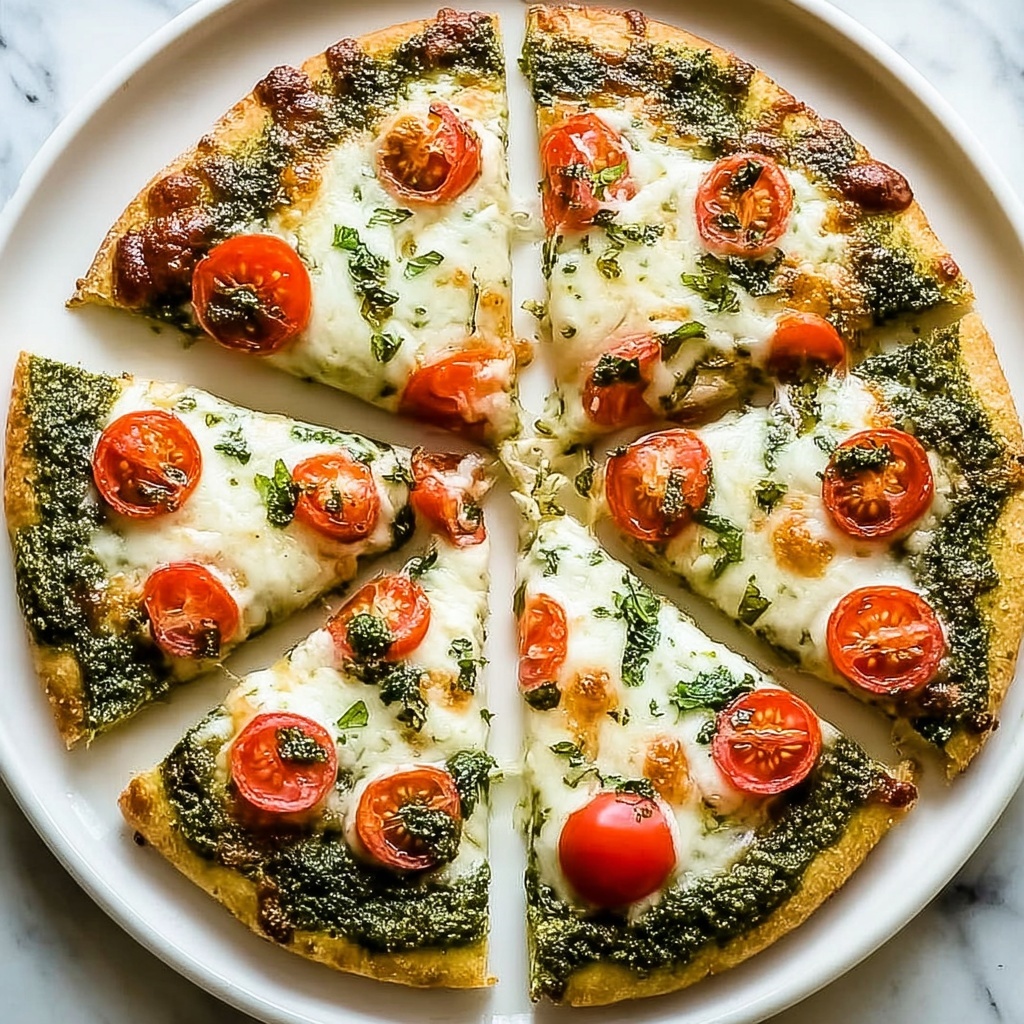 Pesto Pizza with Mozzarella, Cherry Tomatoes, and Fresh Basil Recipe - Recipe Image
