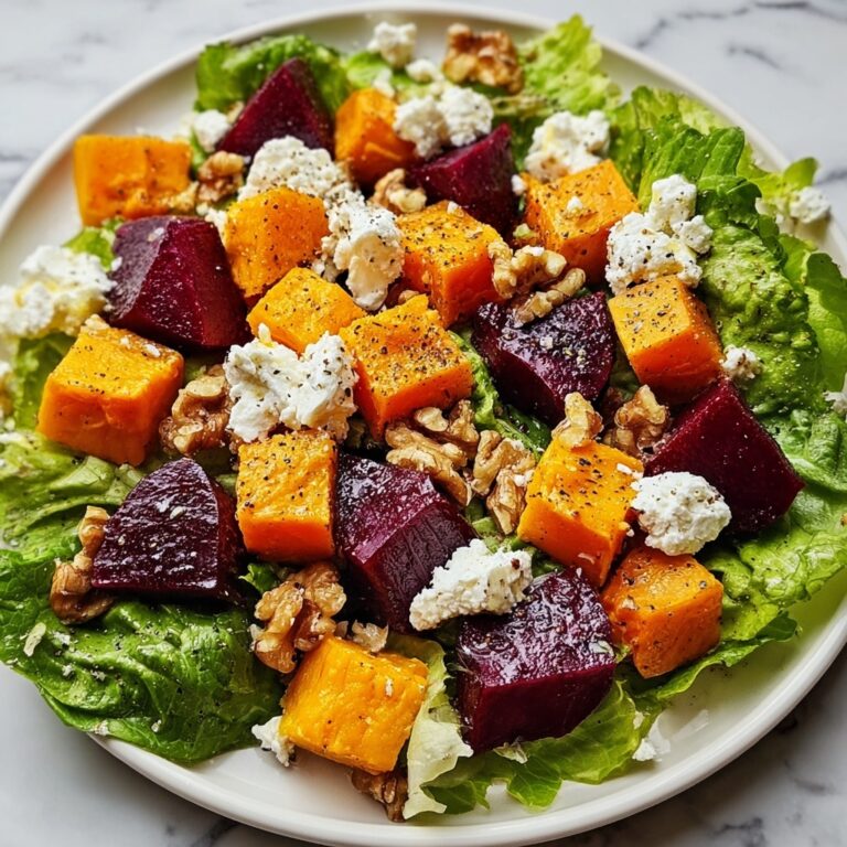 Creamy Roasted Beet and Sweet Potato Salad with Feta and Walnut Dressing Recipe