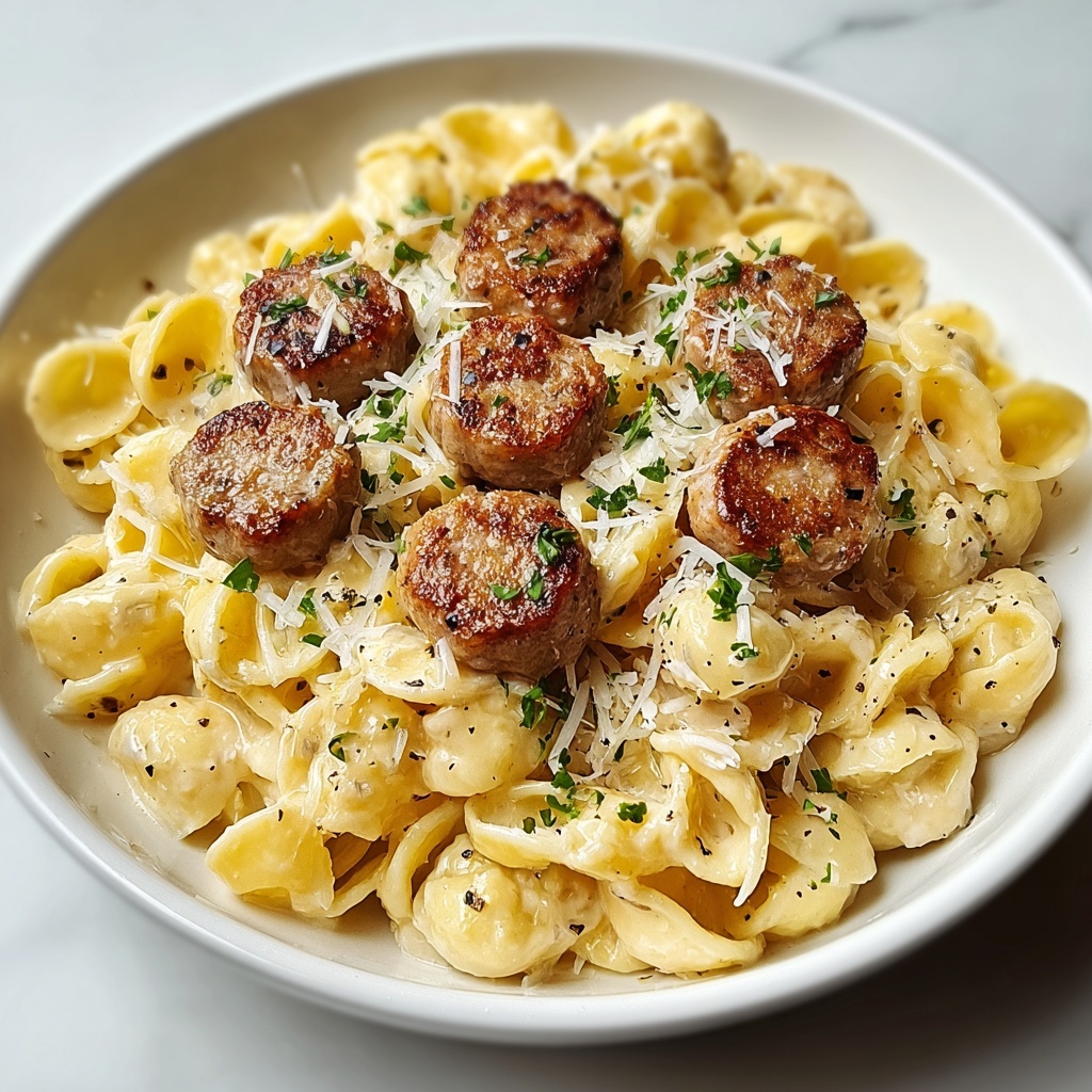 Garlic Butter Sausage with Creamy Parmesan Pasta Recipe - Recipe Image