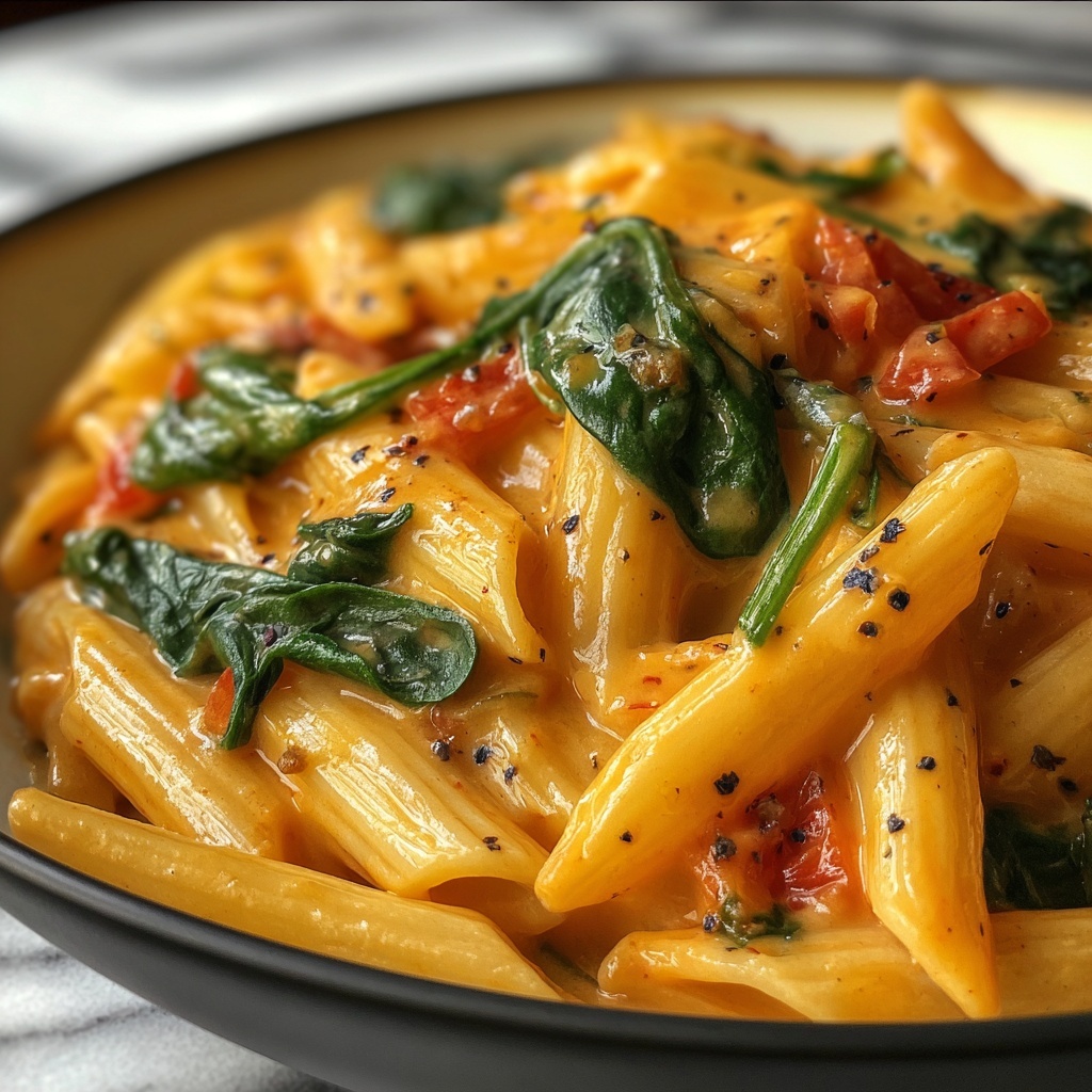 Penne Pasta with Spinach and Roasted Red Pepper Cream Sauce Recipe - Recipe Image
