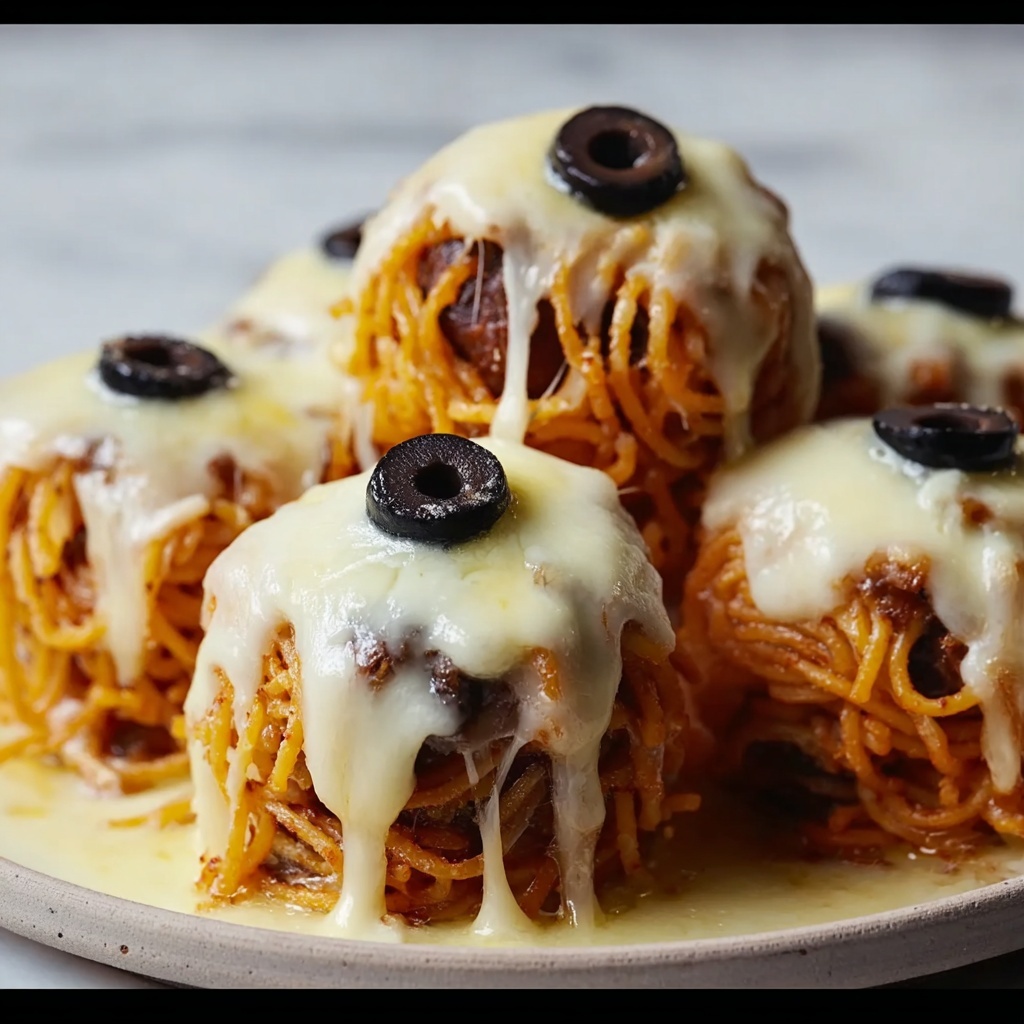 Spooky Spaghetti and Cheese Stuffed Meatballs Recipe - Recipe Image