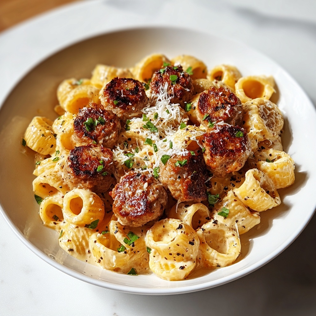 Garlic Butter Sausage with Creamy Parmesan Pasta Recipe - Recipe Image