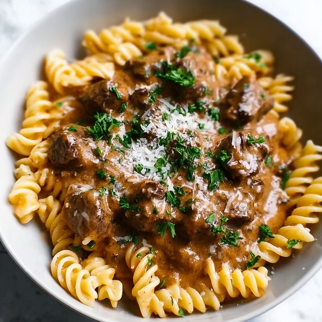 Slow Cooker Creamy Garlic Beef Pasta Recipe - Recipe Image