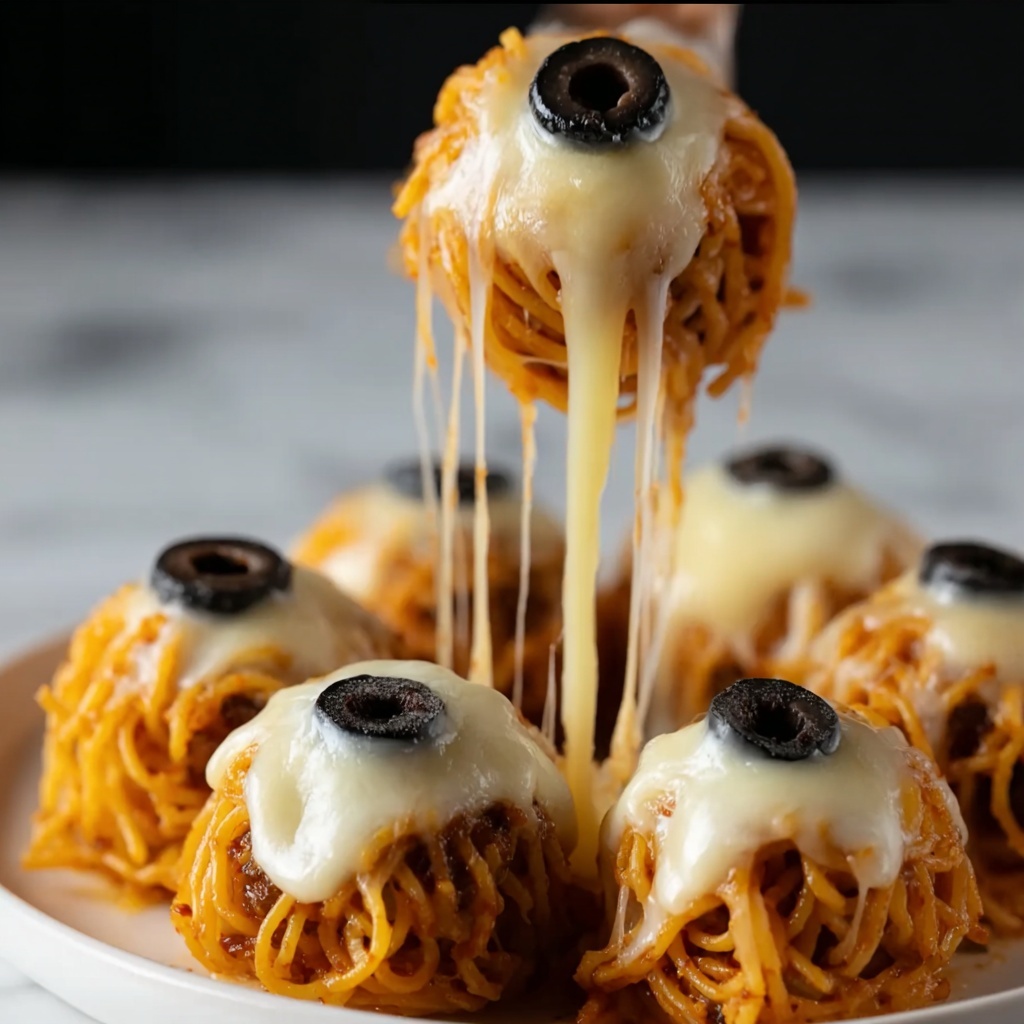 Spooky Spaghetti and Cheese Stuffed Meatballs Recipe - Recipe Image