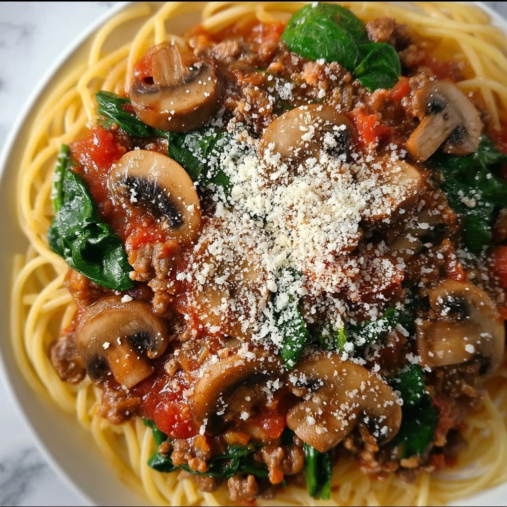 Italian Sausage Pasta with Spinach, Mushrooms, and Marinara Sauce Recipe - Recipe Image