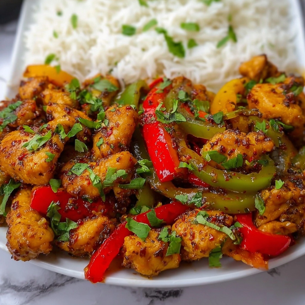 Sizzling Garlic Chicken Stir-Fry with Peppers & Steamed Rice Recipe - Recipe Image