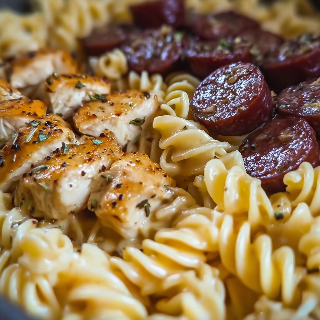 One-Pot Smoky Cheddar Ranch Chicken and Sausage Pasta Recipe - Recipe Image