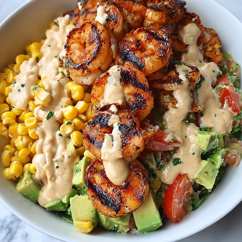 Grilled Shrimp Bowl with Avocado, Corn Salsa & Creamy Garlic Sauce Recipe - Recipe Image