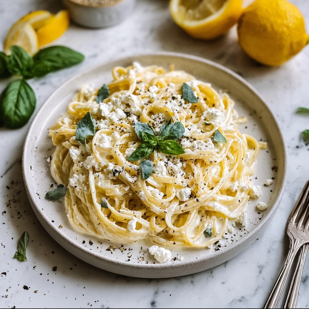 Creamy Lemon Feta Pasta with Asparagus Recipe - Recipe Image