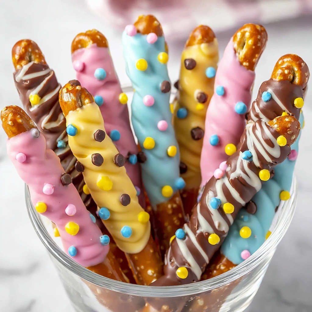 Easter Pretzel Rods with White Chocolate, Candy Melts, and Pastel M&Ms Recipe - Recipe Image