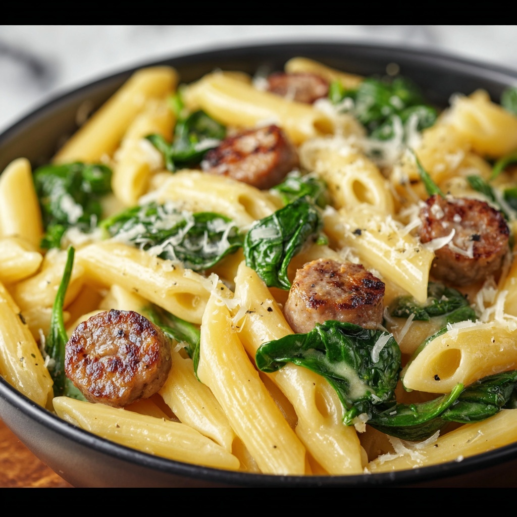 One-Pan Creamy Penne with Spinach and Italian Sausage Recipe - Recipe Image
