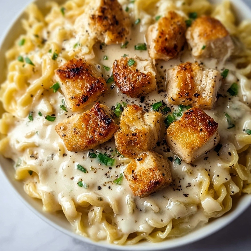 Creamy Parmesan Pasta with Garlic Butter Chicken Bites Recipe - Recipe Image