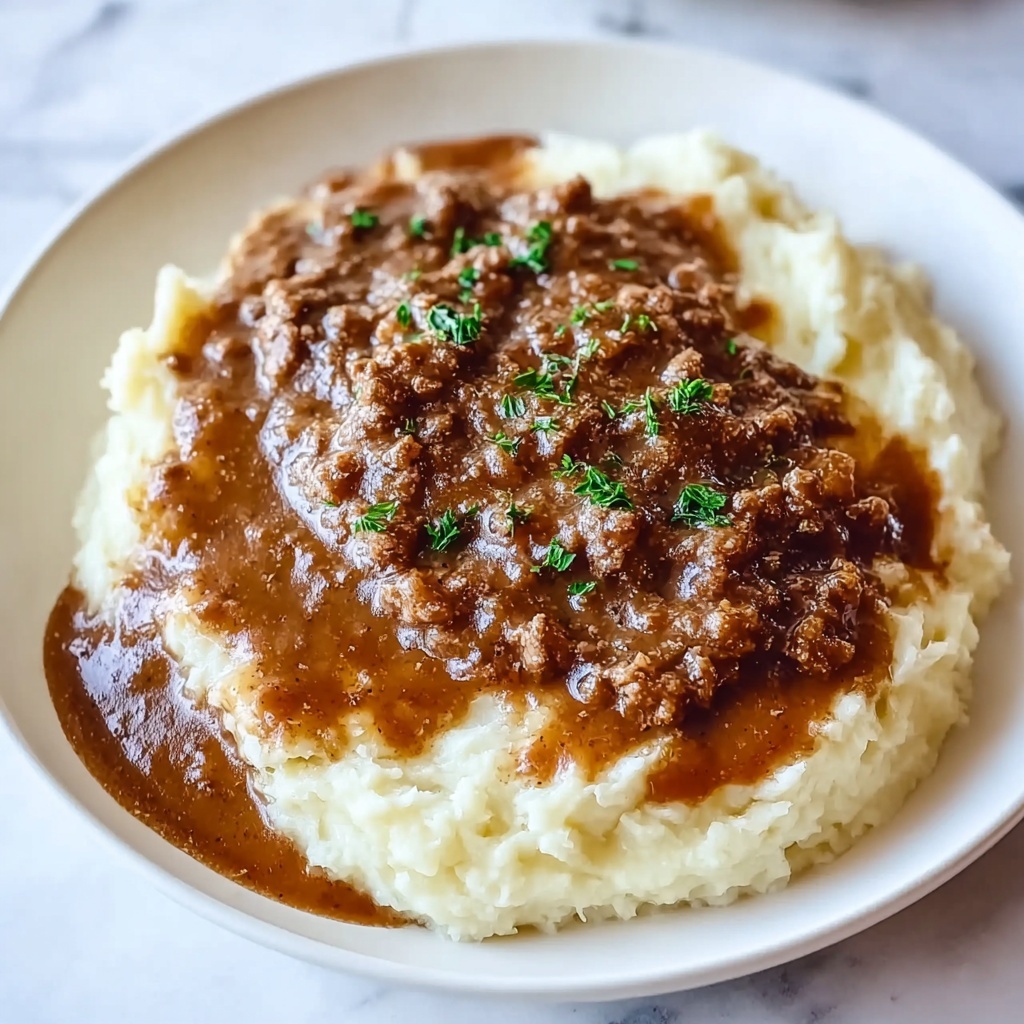 Ground Beef and Gravy Over Creamy Mashed Potatoes Recipe - Recipe Image