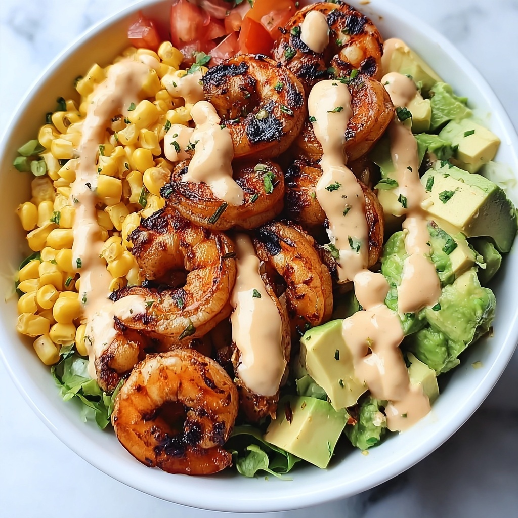 Grilled Shrimp Bowl with Avocado, Corn Salsa & Creamy Garlic Sauce Recipe - Recipe Image