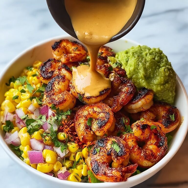 Grilled Shrimp Bowl with Avocado, Corn Salsa & Creamy Sauce Recipe