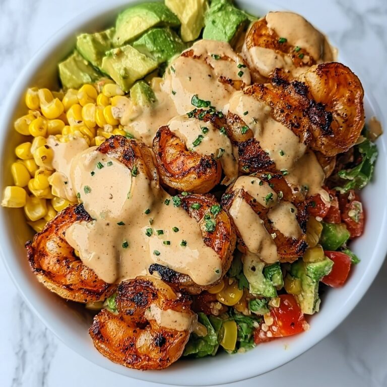 Grilled Shrimp Bowl with Avocado, Corn Salsa & Creamy Garlic Sauce Recipe